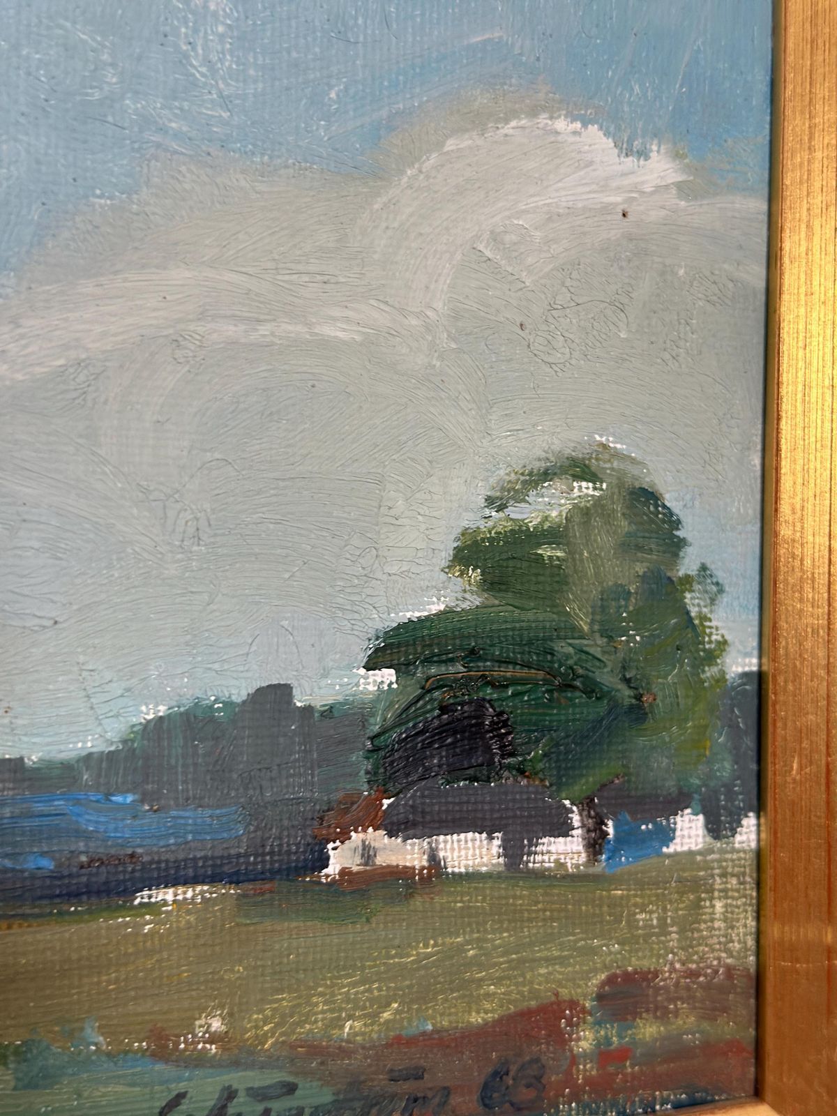 photo for sale Original Swedish Oil On Canvas – “Landscape With Farms” By Schörström – Vintage & Framed – 22 × 42 Cm (8.7" × 16.5")
