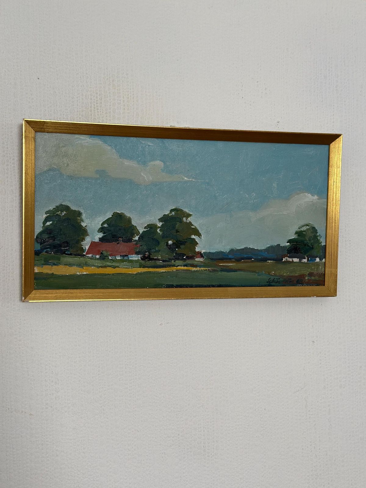 photo vinterior Original Swedish Oil On Canvas – “Landscape With Farms” By Schörström – Vintage & Framed – 22 × 42 Cm (8.7" × 16.5")