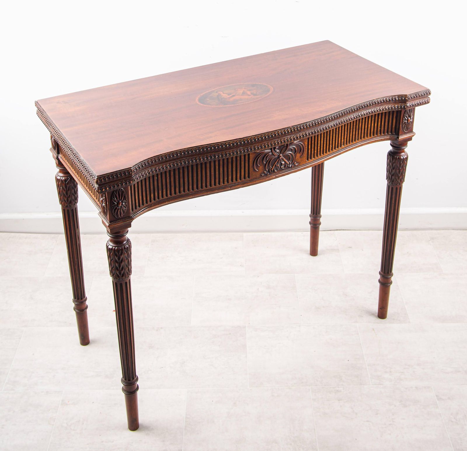 Edwardian Hepplewhite Style Mahogany Fold Over Card Table With Painted Medallion C.1910