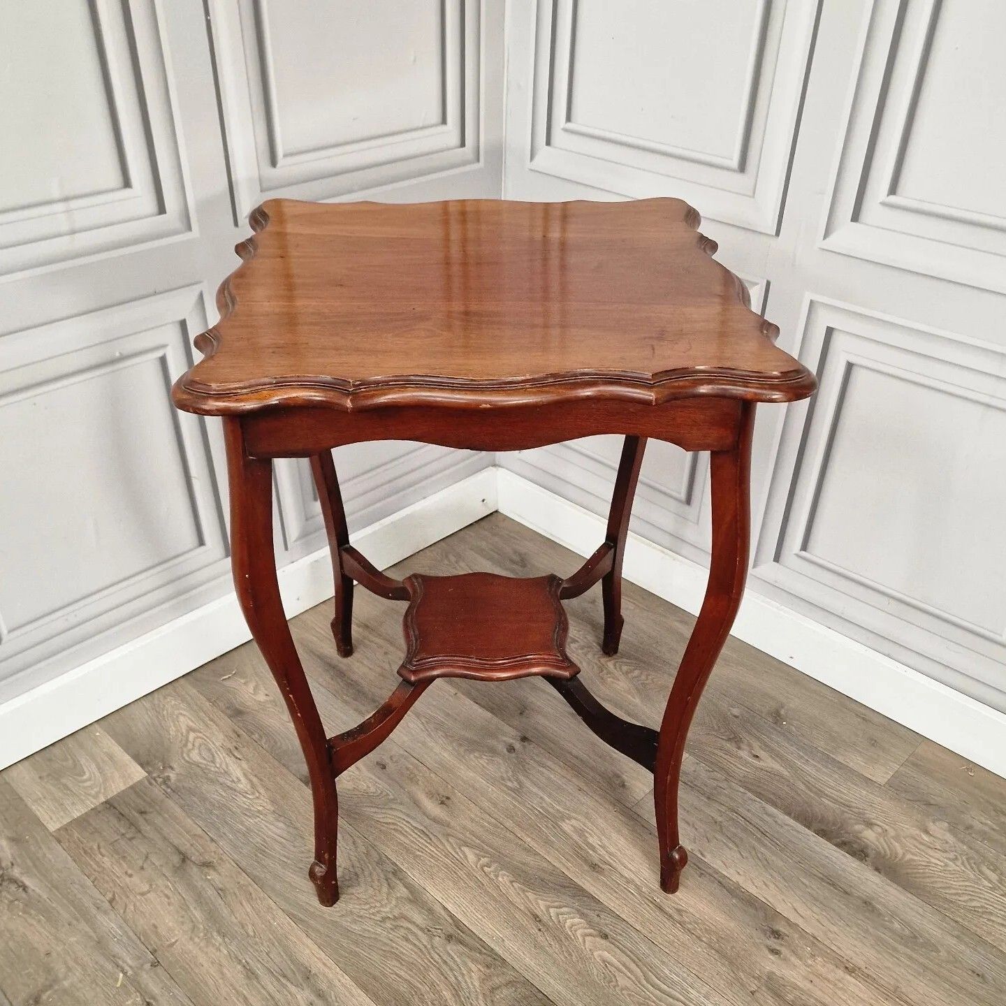 Antique Side End Table Wooden Edwardian Window  Scalloped Top 2 Tier Mahogany photo furniture