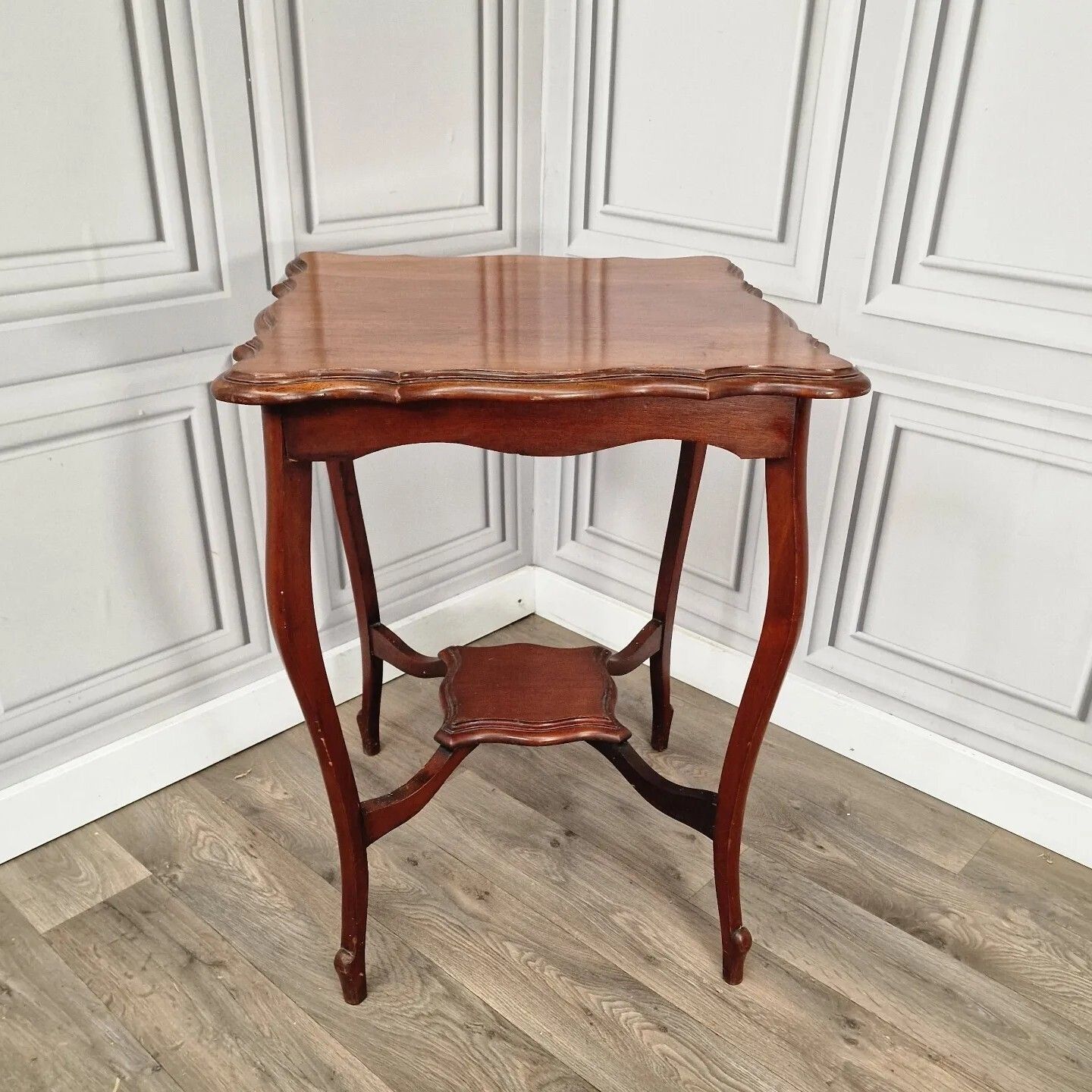 Antique Side End Table Wooden Edwardian Window  Scalloped Top 2 Tier Mahogany photo for sale