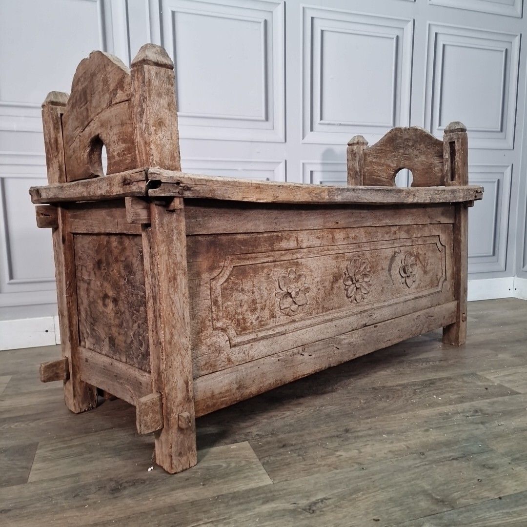 Antique Trunk Chest Box Javanese Solid Hard Wood Carved Floral Garden Trough photo furniture