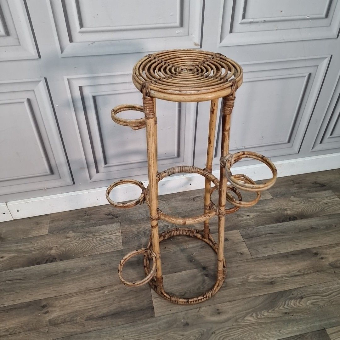 Vintage Plant Stand Rattan & Bamboo – Mid Century Circular Plant Holder Retro photo Home Decor