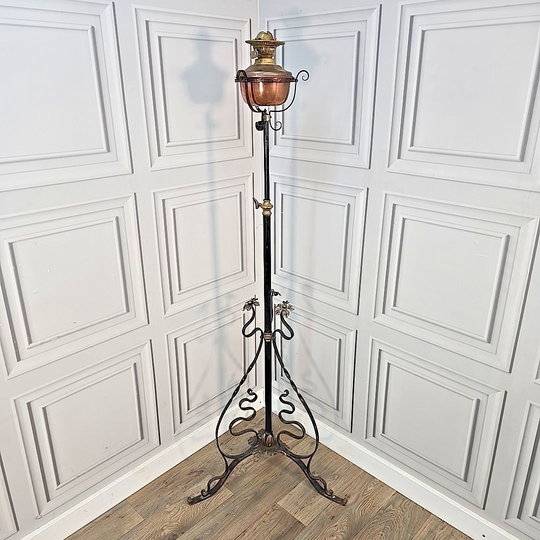 Antique Standard Lamp Copper & Brass Oil Light Wrought Iron Stand For Rewire