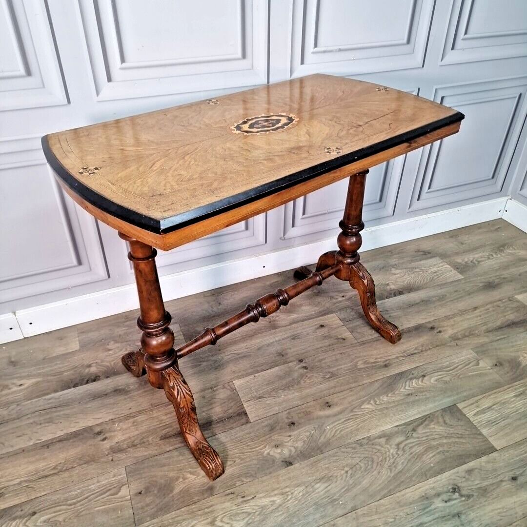 Antique Victorian Console Table Wooden Inlaid Turned Stretcher Library Writing