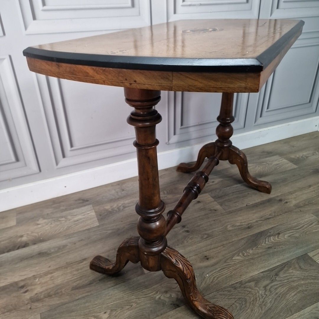photo vintage Antique Victorian Console Table Wooden Inlaid Turned Stretcher Library Writing