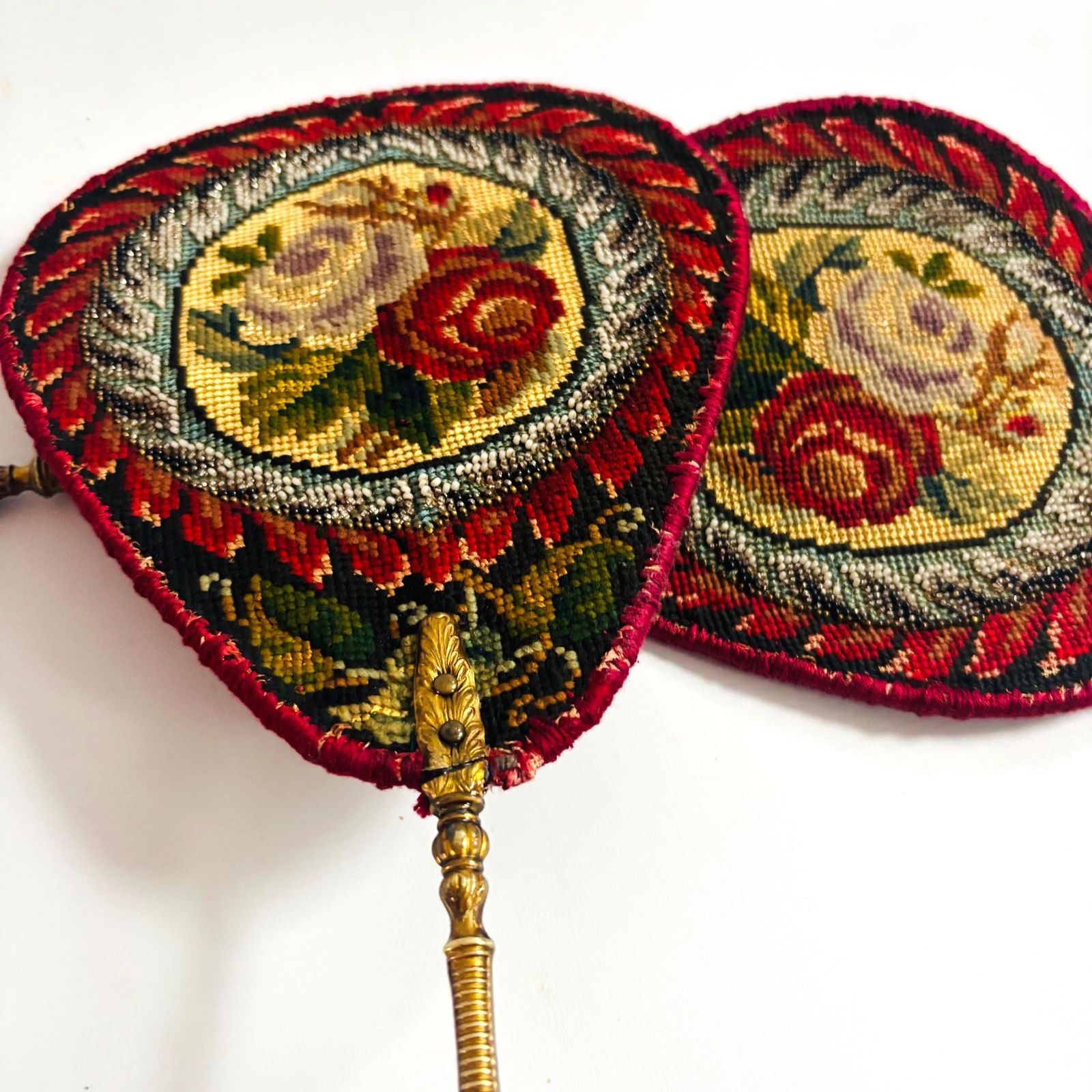 Antique Needlepoint Fire Face Screens – Napoleonic Style 19th Century French Floral Medallions photo furniture