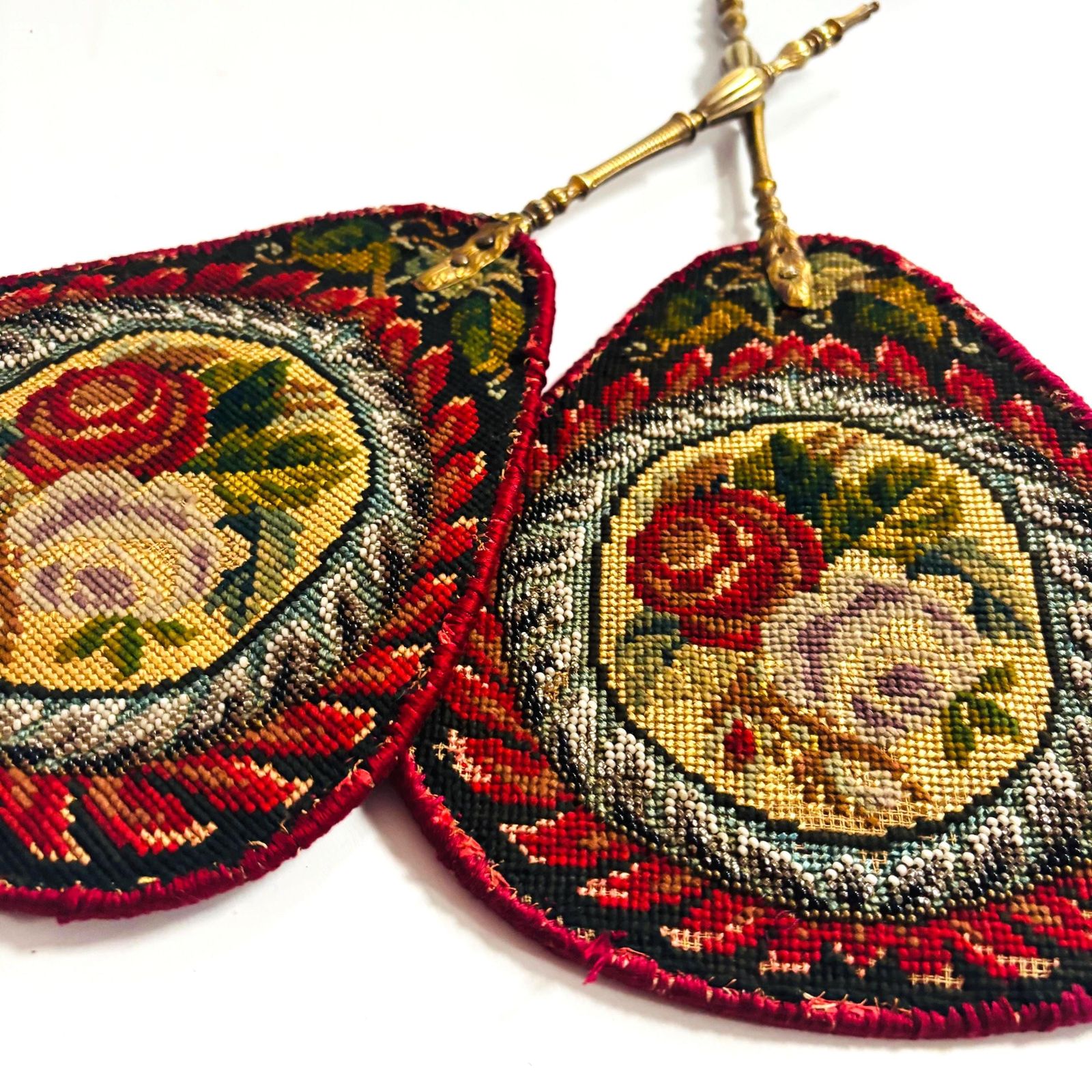 Antique Needlepoint Fire Face Screens – Napoleonic Style 19th Century French Floral Medallions photo vinterior