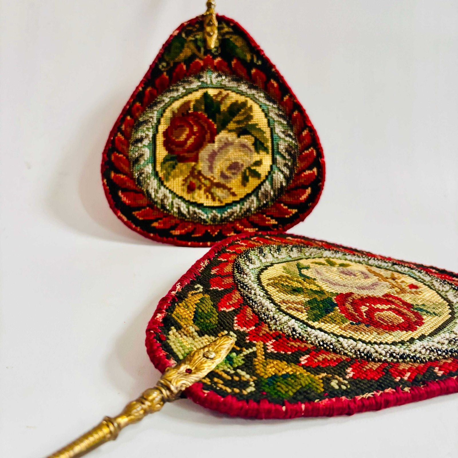 photo vinterior Antique Needlepoint Fire Face Screens – Napoleonic Style 19th Century French Floral Medallions