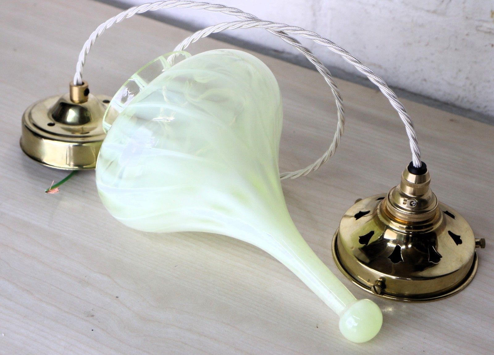 Ceiling Light Vaseline Glass Teardrop Lampshade Art Nouveau With New Fittings photo vinterior