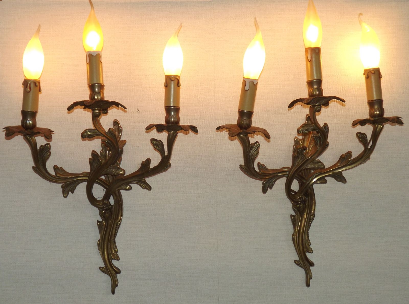 Magnificent Pair Of French Antique Bronze Three Light Acanthus Wall Sconces photo Lighting