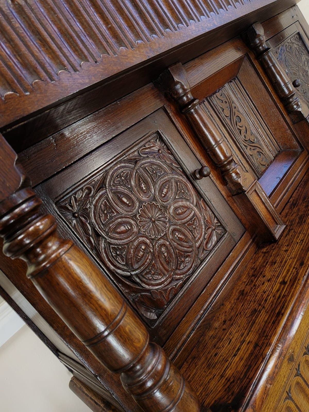 photo for sale Rare 18th Century Georgian Period Large Solid Oak Carved Court Cupboard