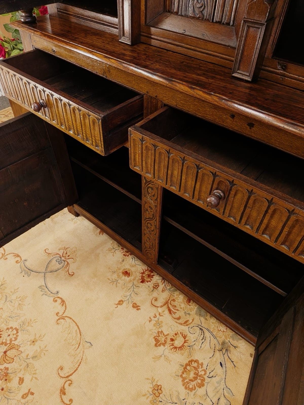 Furniture Rare 18th Century Georgian Period Large Solid Oak Carved Court Cupboard photo