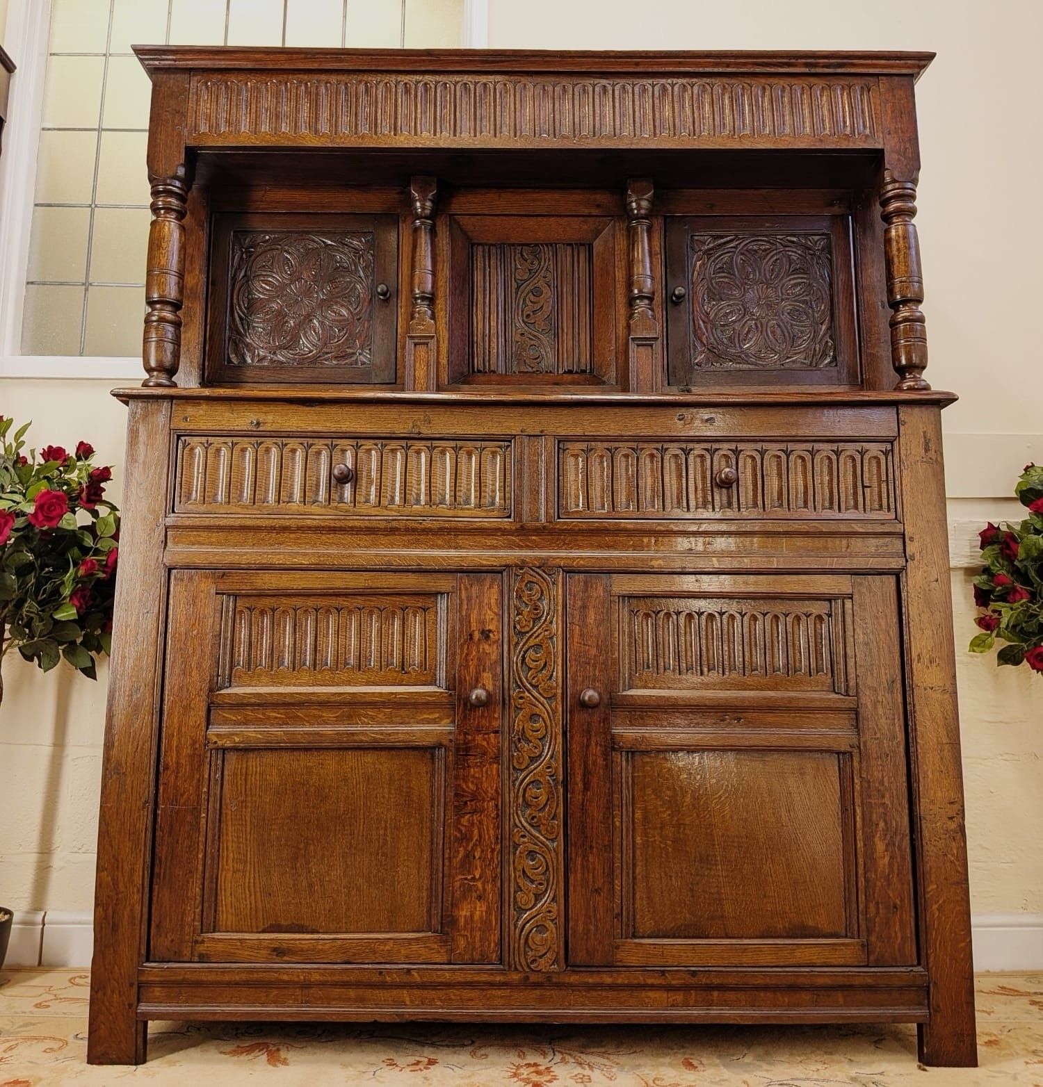 1195.0 Rare 18th Century Georgian Period Large Solid Oak Carved Court Cupboard photo