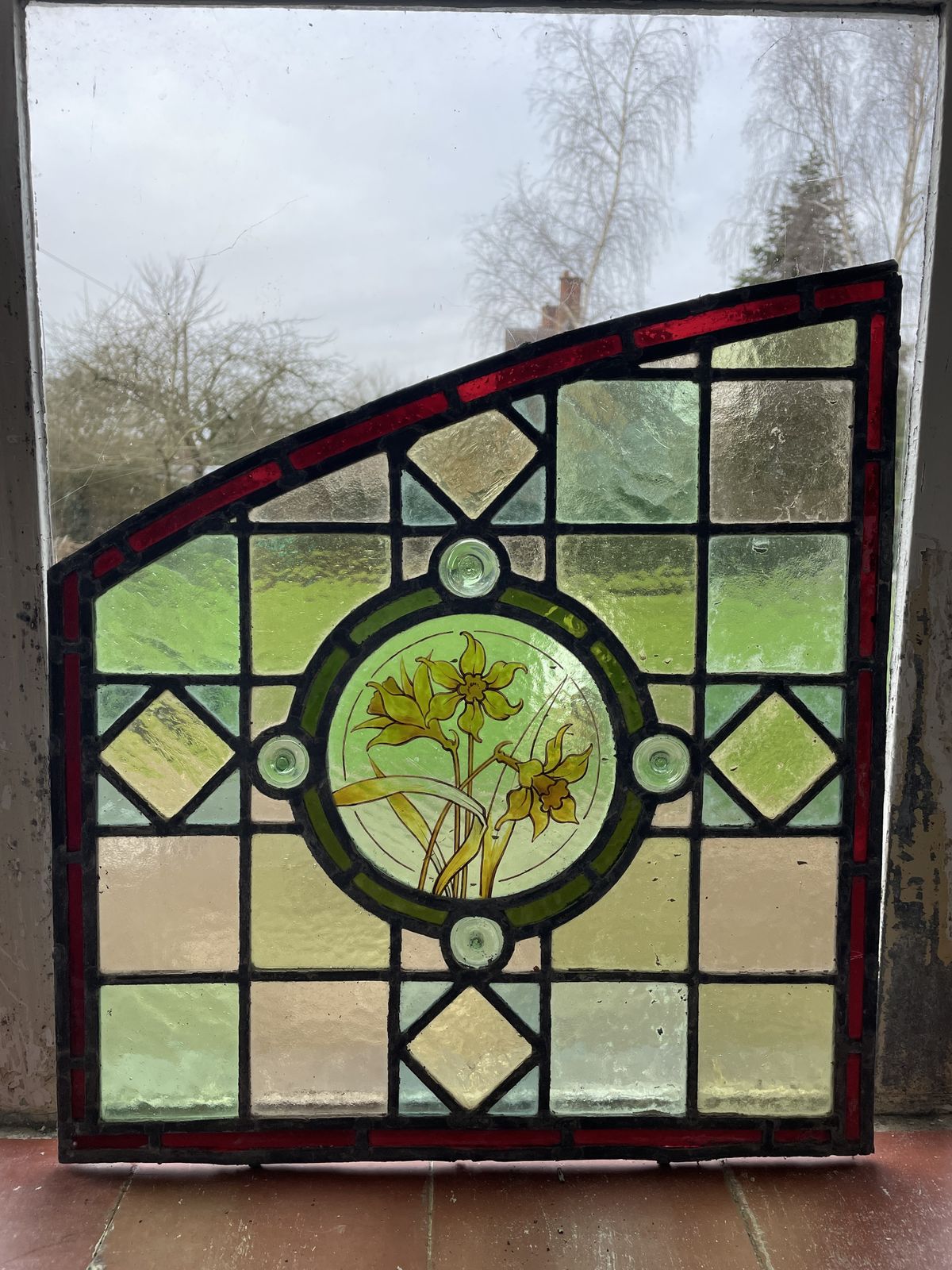 Pair Of Hand Painted Victorian Stained Glass Window Panels Forming An Arch     Pretty Floral Design. photo furniture