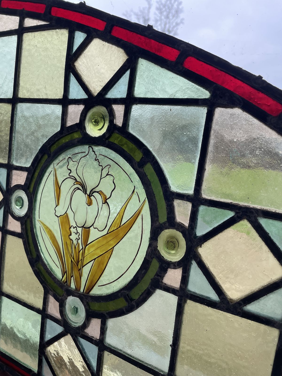 Pair Of Hand Painted Victorian Stained Glass Window Panels Forming An Arch     Pretty Floral Design. photo for sale