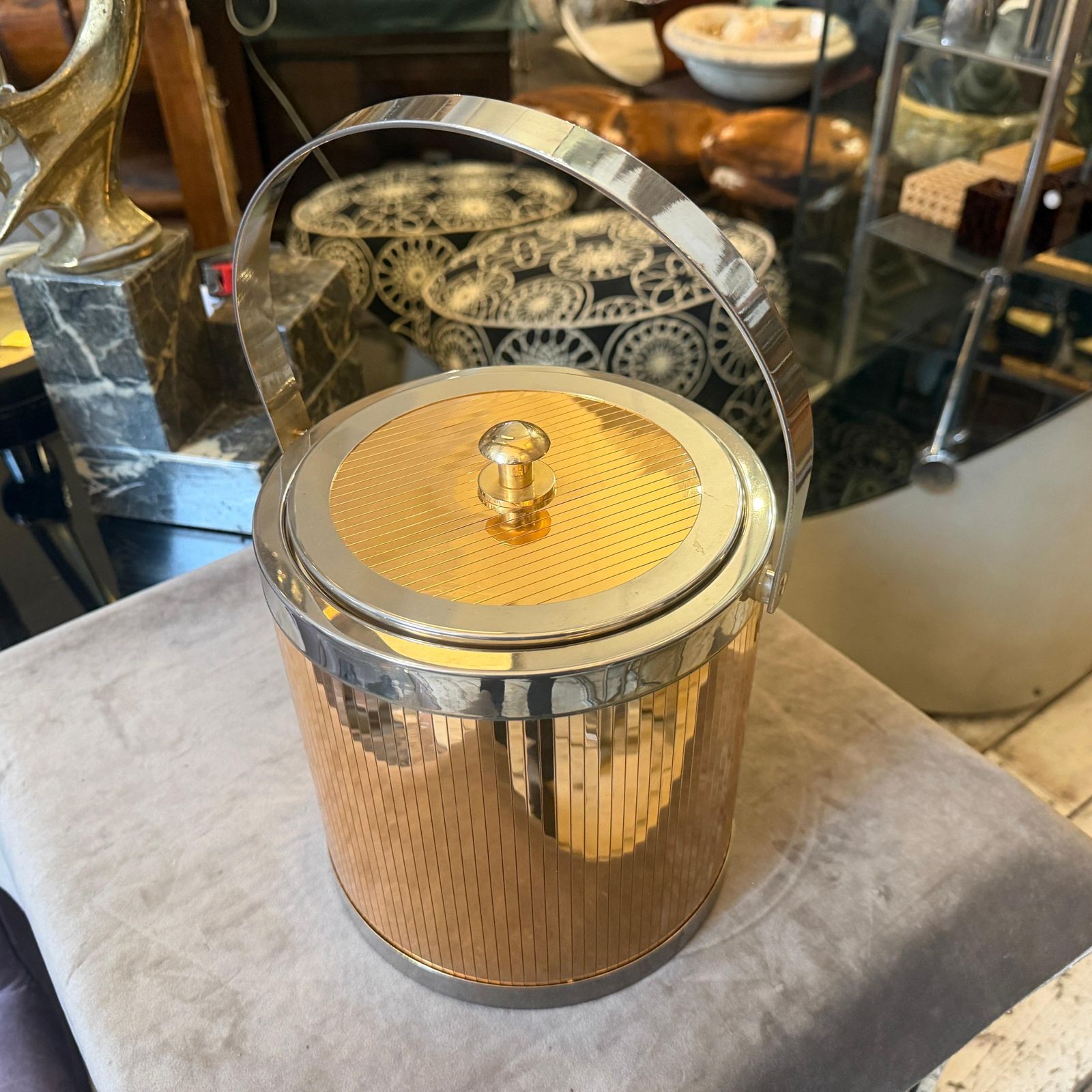 1970s Stunning Mid Century Modern Brass And Silver Plated Ice Bucket By Lidian photo for sale