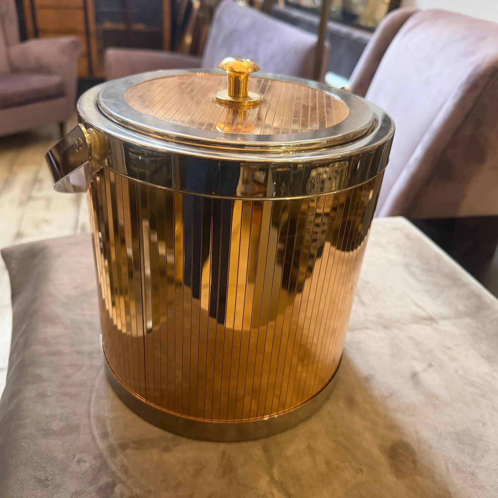 photo furniture 1970s Stunning Mid Century Modern Brass And Silver Plated Ice Bucket By Lidian