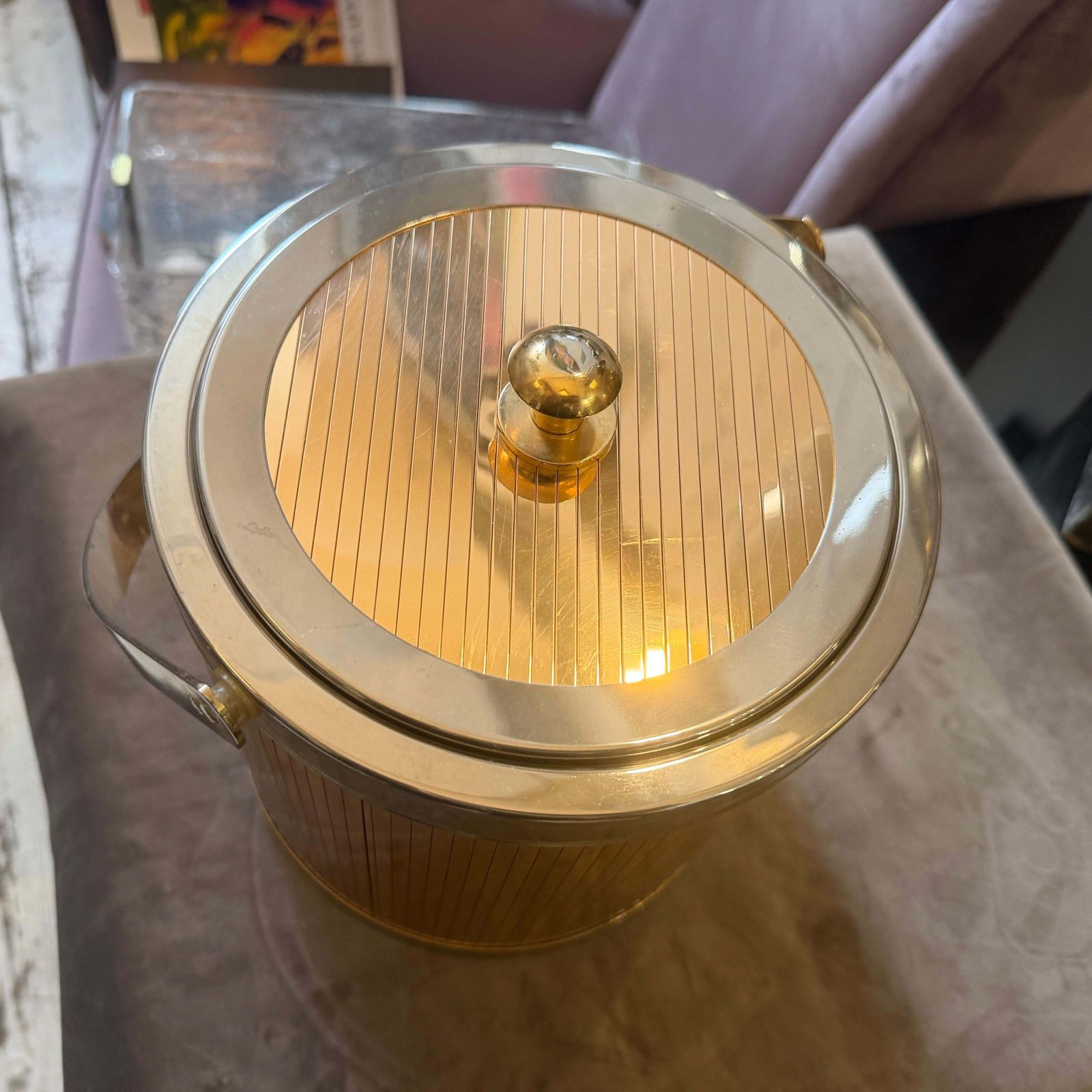 photo for sale 1970s Stunning Mid Century Modern Brass And Silver Plated Ice Bucket By Lidian
