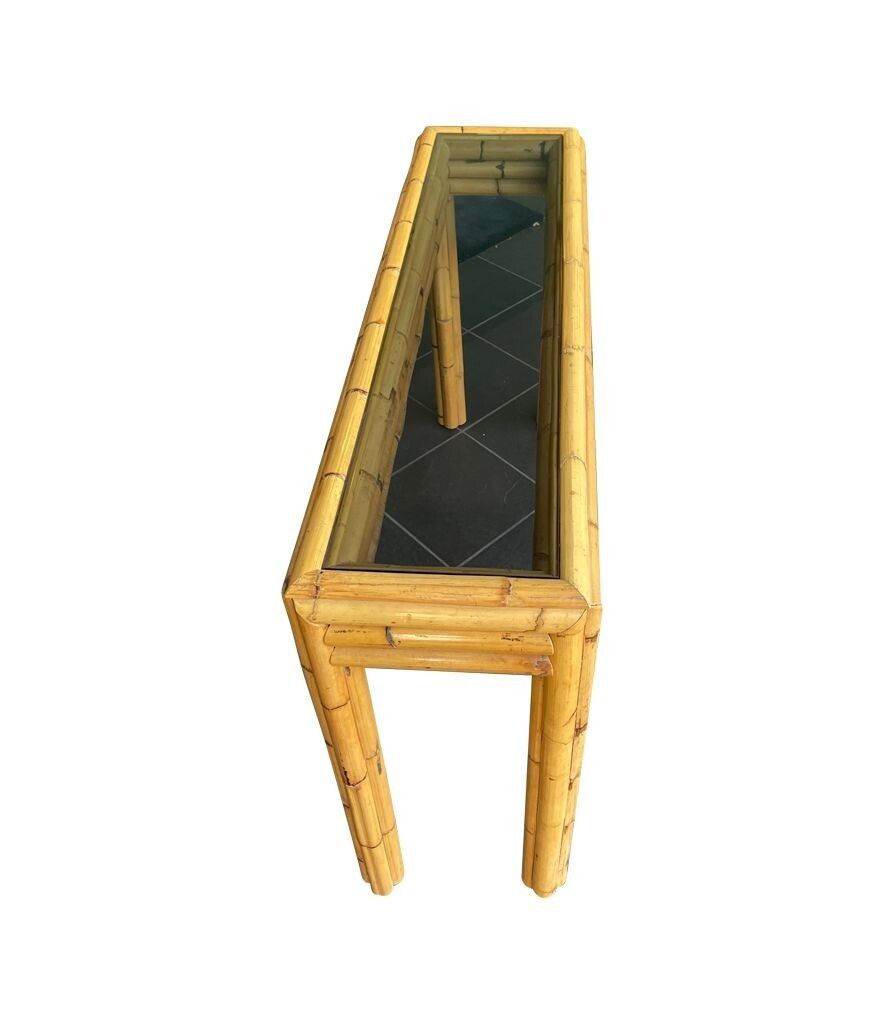 photo for sale Copy   An Italian 1970s Bamboo Console With Smoked Glass Top Attributed To Vivai Del Sud