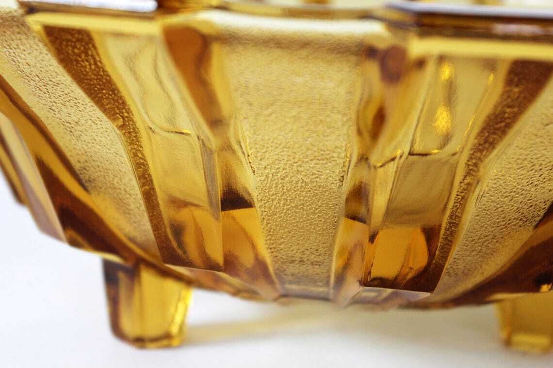 Large Vintage Art Deco Circa 1930s Amber Glass Fruit Bowl Belgium By Scailmont Henri Heemskerk Geometric Design Centerpiece photo Home Decor