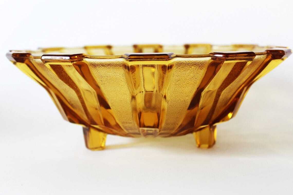 Large Vintage Art Deco Circa 1930s Amber Glass Fruit Bowl Belgium By Scailmont Henri Heemskerk Geometric Design Centerpiece photo vinterior