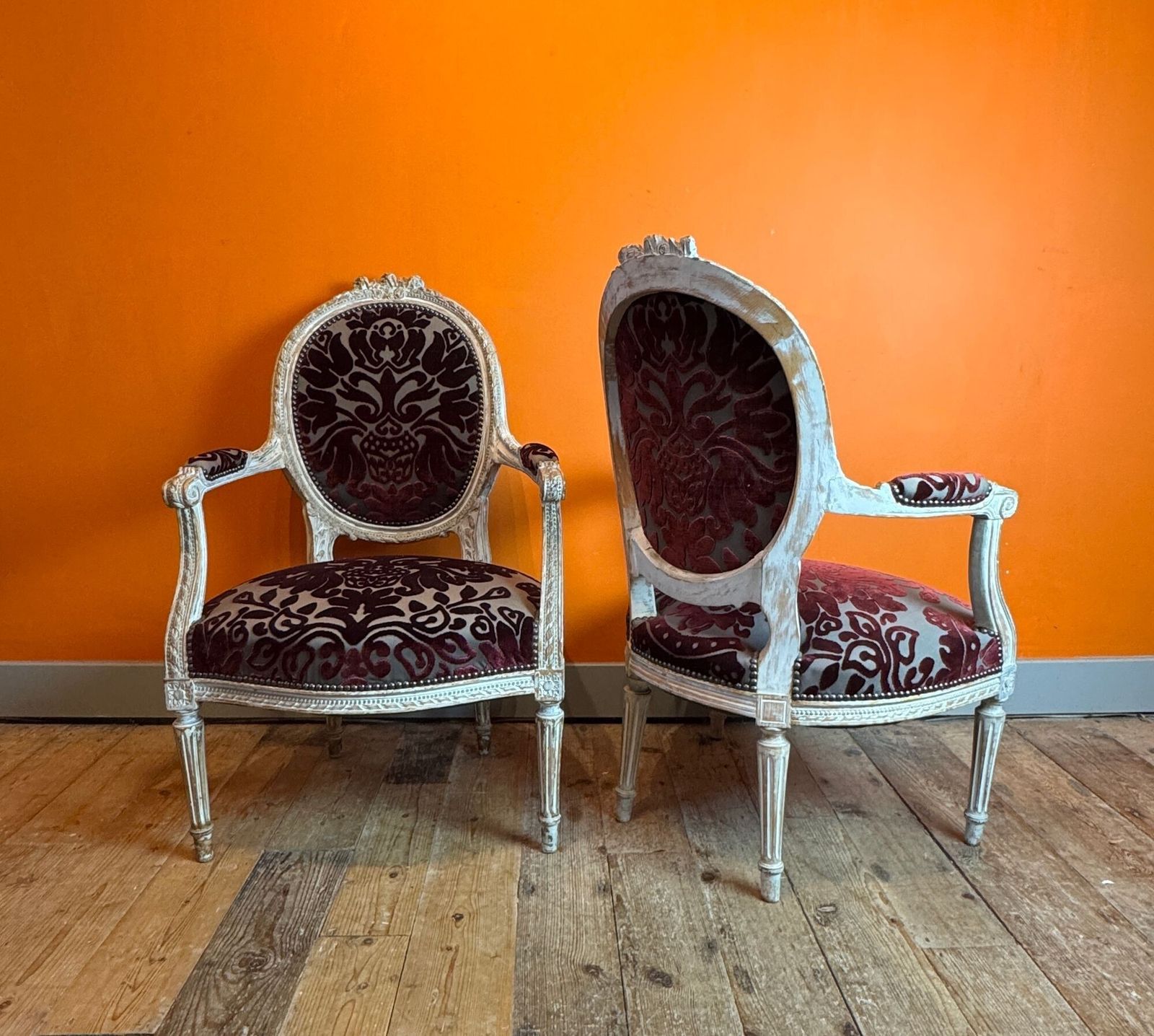 Pair Of 19th Century French Carved & Painted Fauteuils In Louis XVI Taste