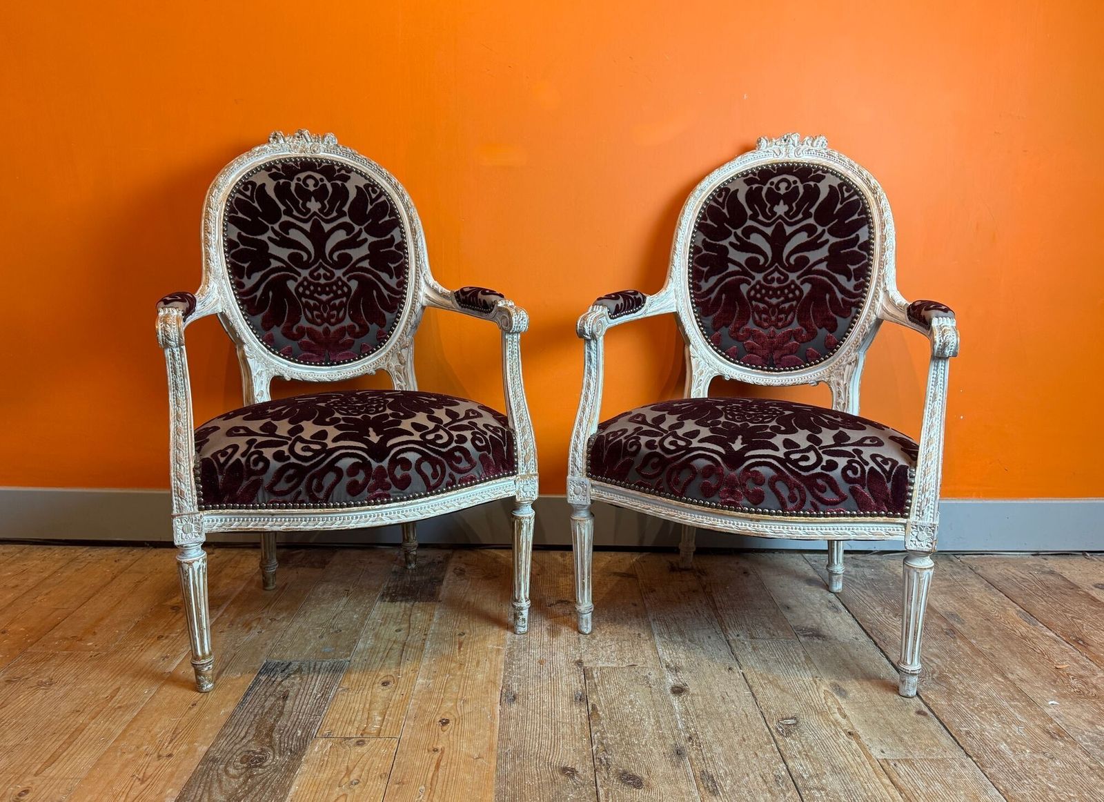 Pair Of 19th Century French Carved & Painted Fauteuils In Louis XVI Taste photo furniture