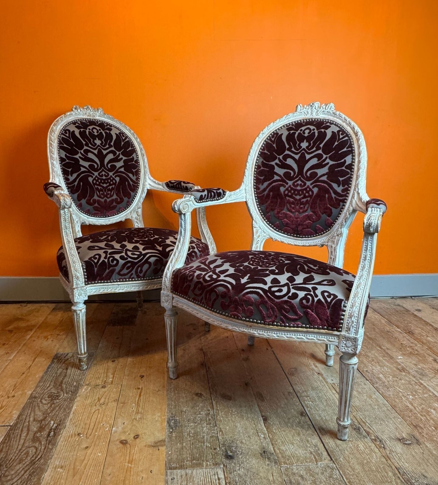 Pair Of 19th Century French Carved & Painted Fauteuils In Louis XVI Taste photo Furniture