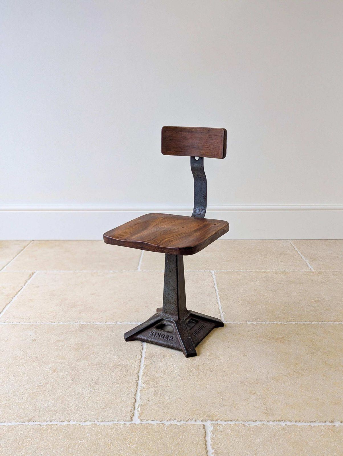 photo furniture Early 20th Century Singer Cast Iron & Elm Industrial Chair C.1930