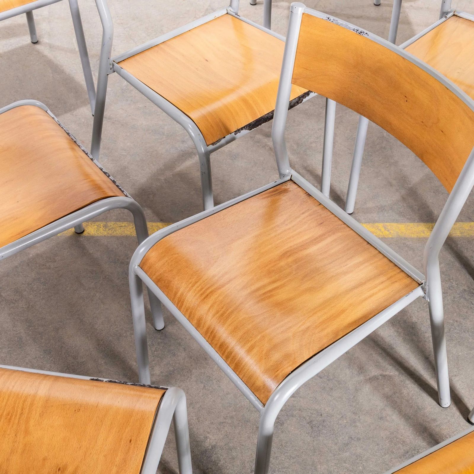 1950’s French Mullca Stacking Dining Chairs – Grey Wide Seat 510 – Set Of Nine photo vinterior