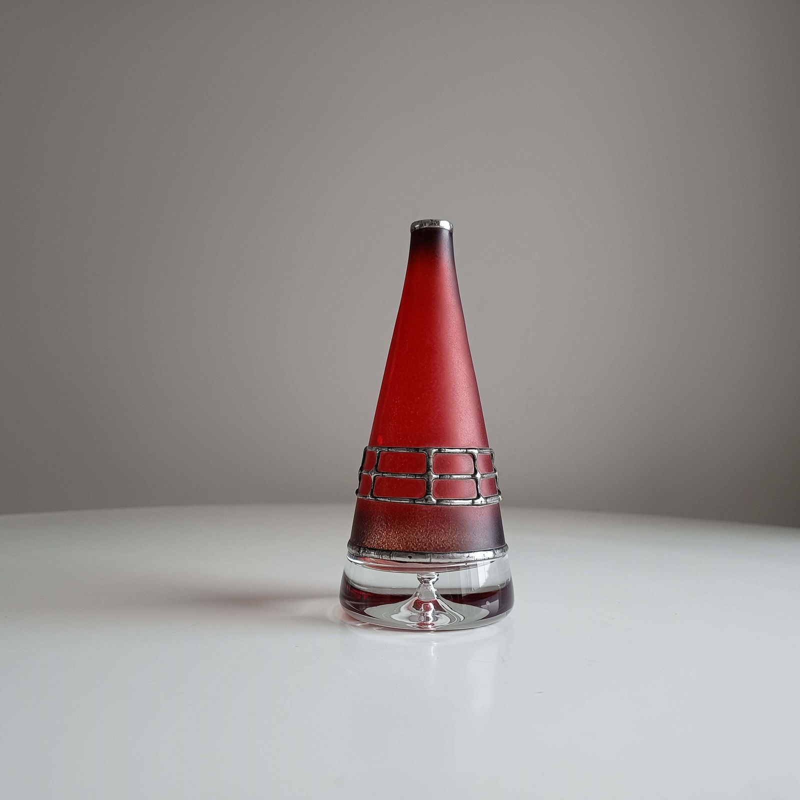 Sculptural Art Glass Vase By Miracle: Silver Overlay, Controlled Base Bubble, Czech Bohemia