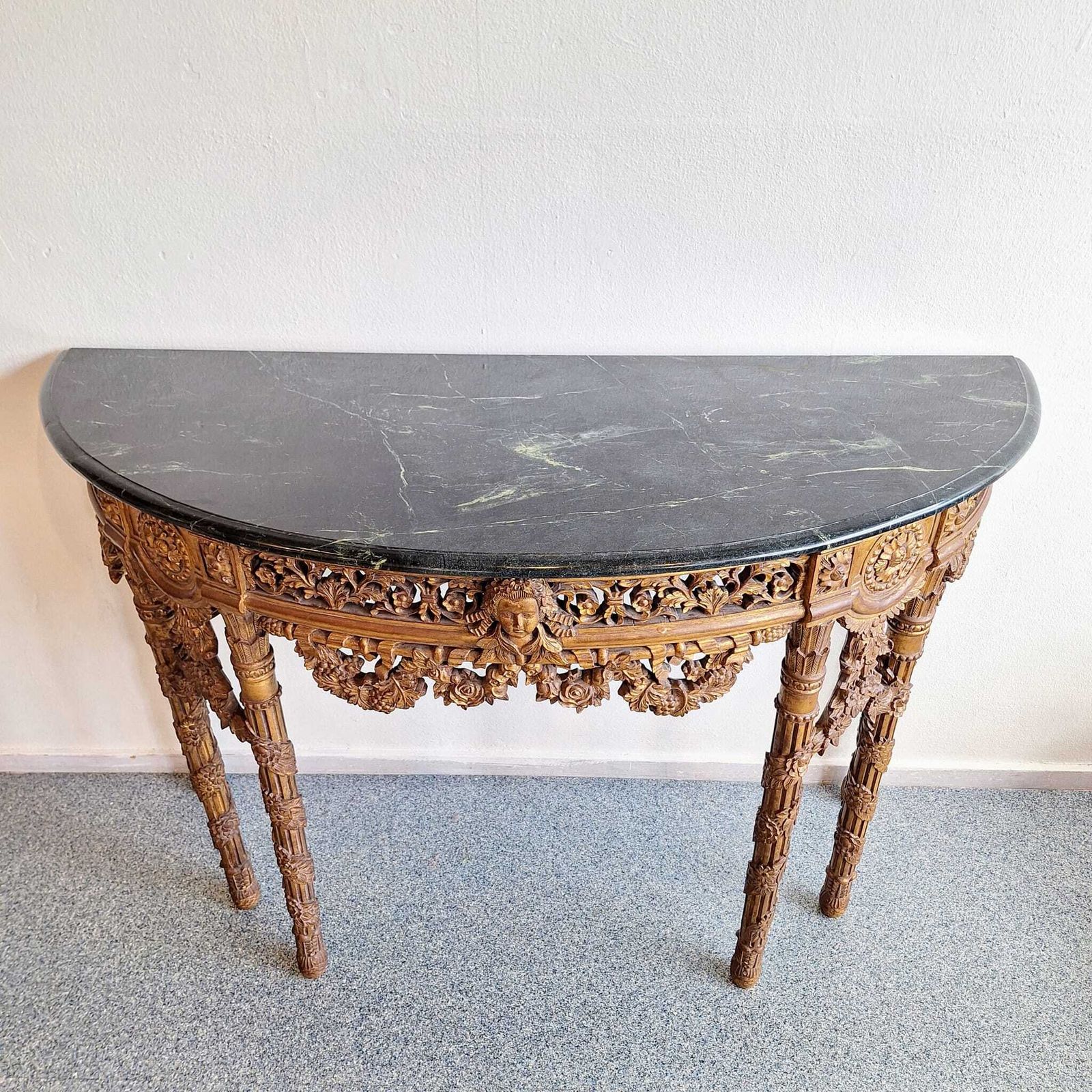 French Baroque Half Moon Wall Console With Marble Top And Six Legs