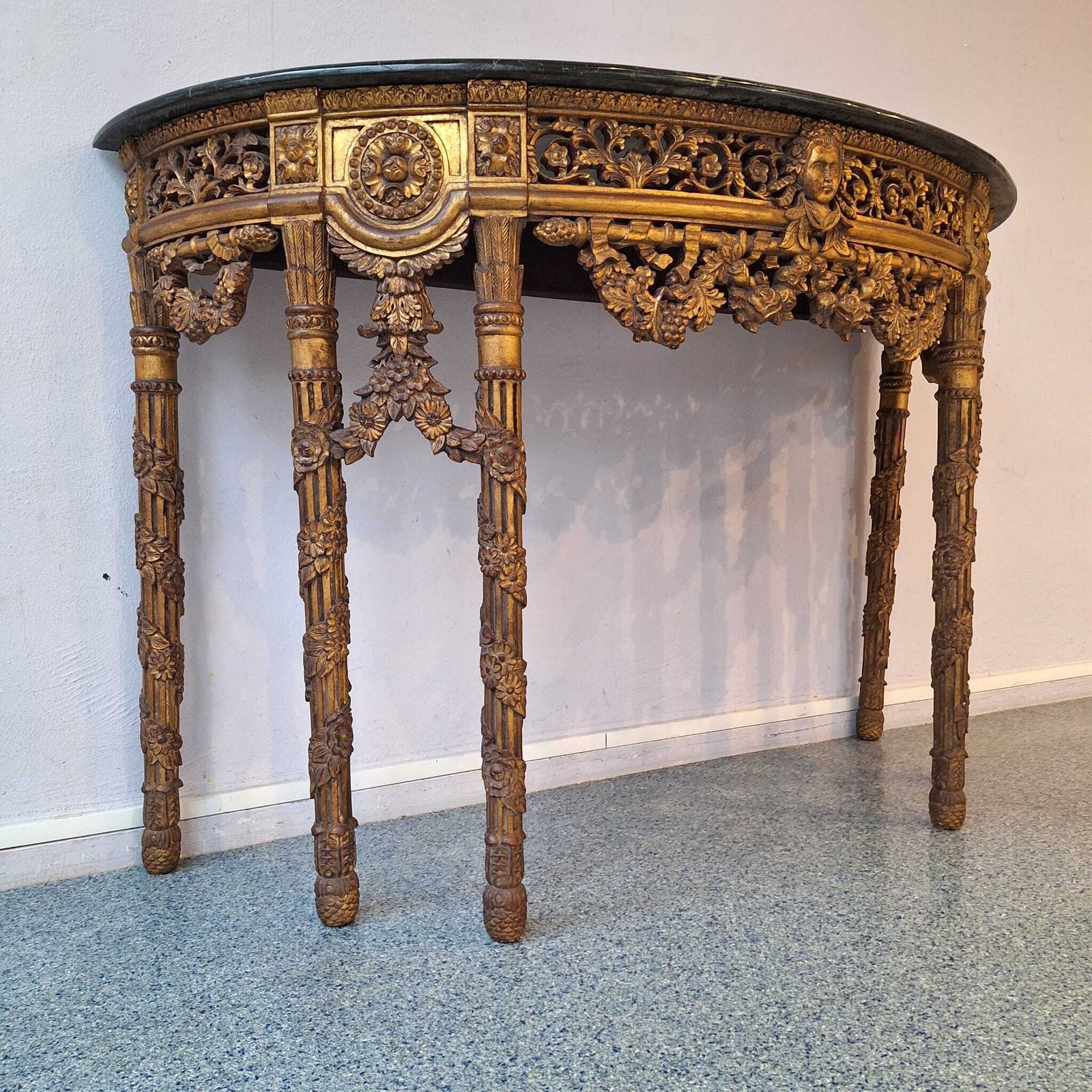 photo for sale French Baroque Half Moon Wall Console With Marble Top And Six Legs