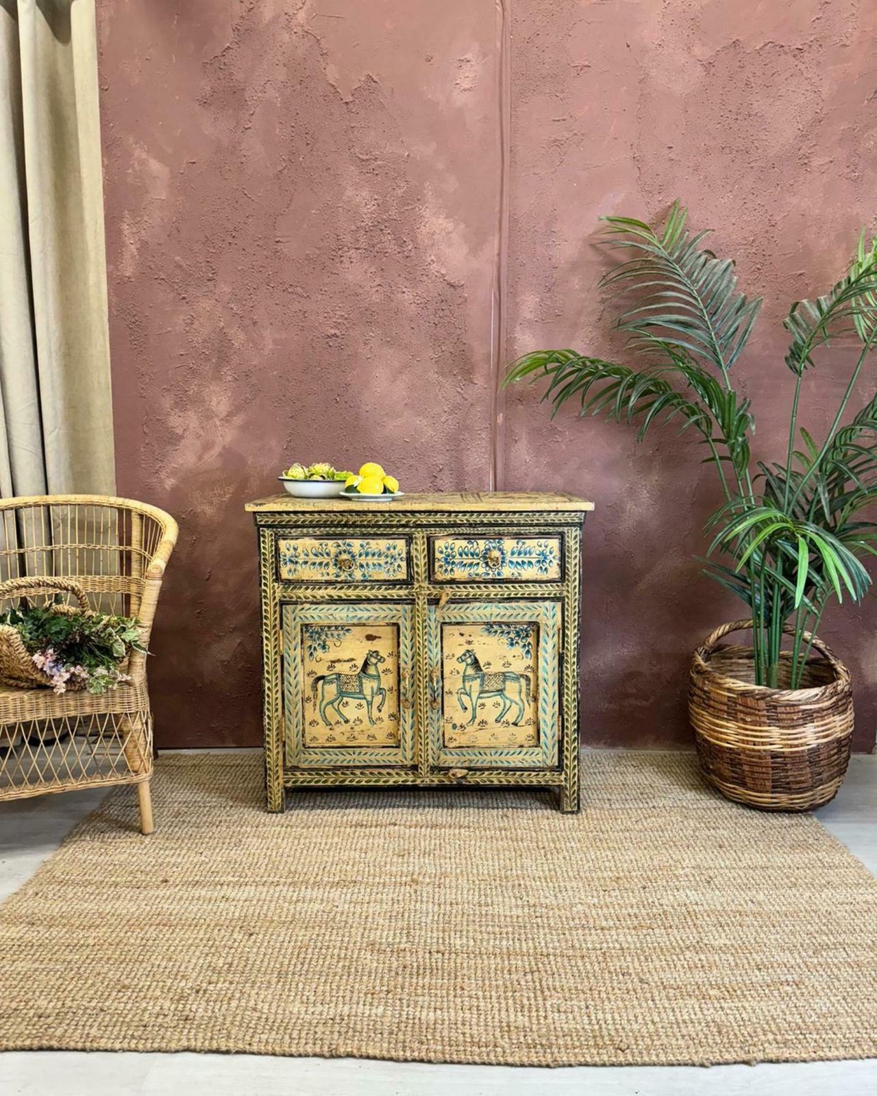 One Of A Kind Vintage Reclaimed Indian Sideboard With Floral, Horse, And Elephant Designs photo furniture