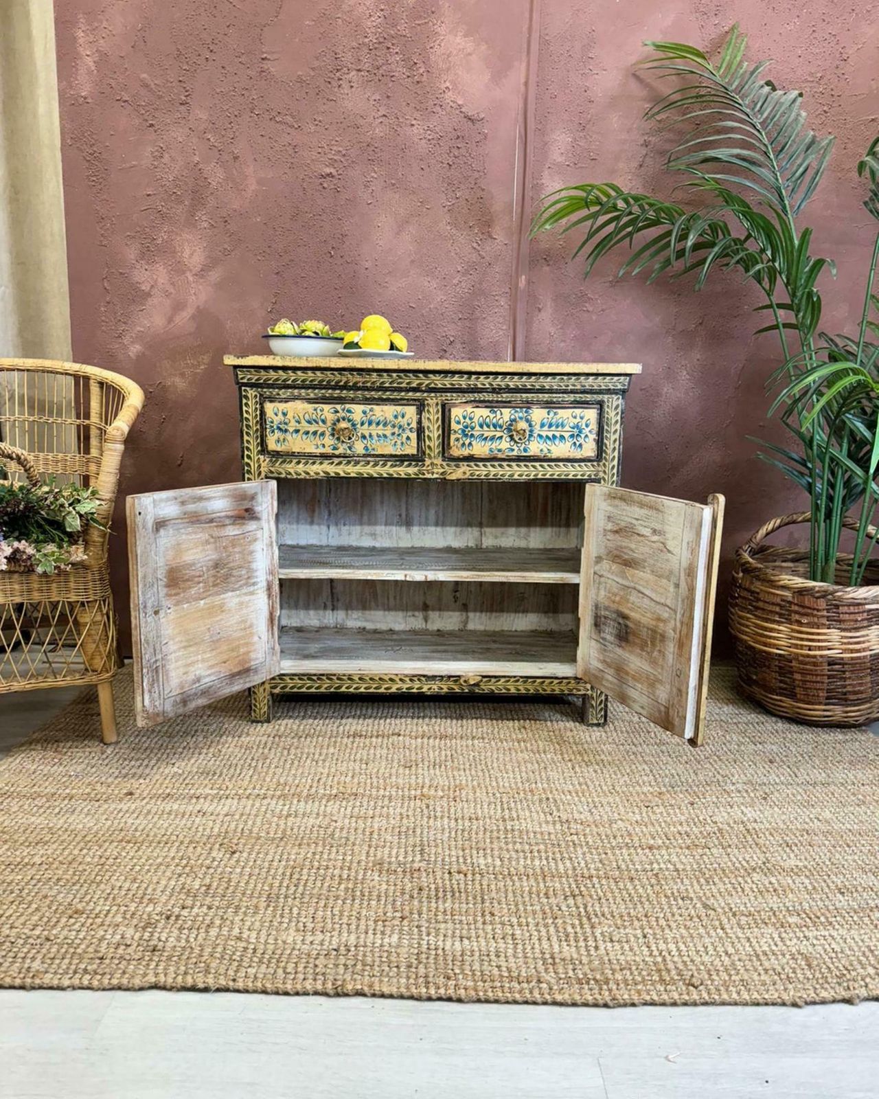 One Of A Kind Vintage Reclaimed Indian Sideboard With Floral, Horse, And Elephant Designs photo 625.0