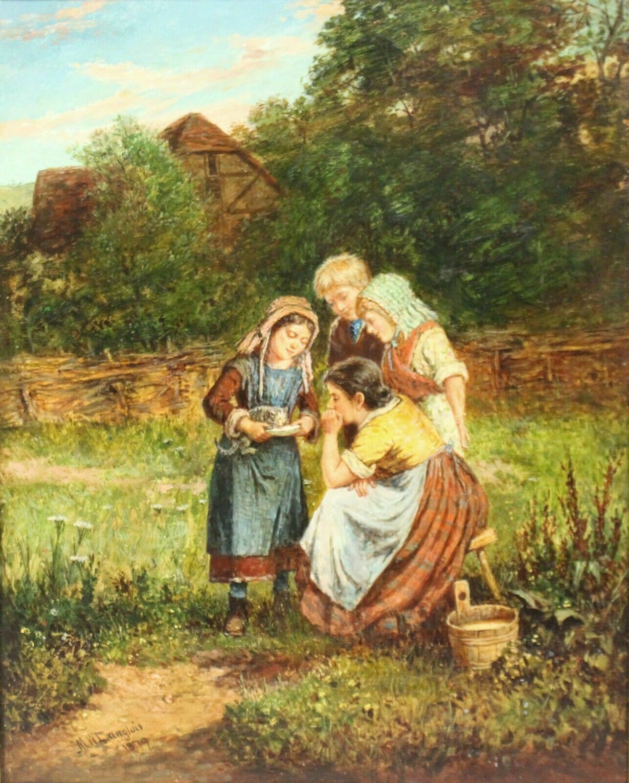Feeding The Kitten By Mark William Langlois (British, 1848 1924) Oil On Canvas photo furniture