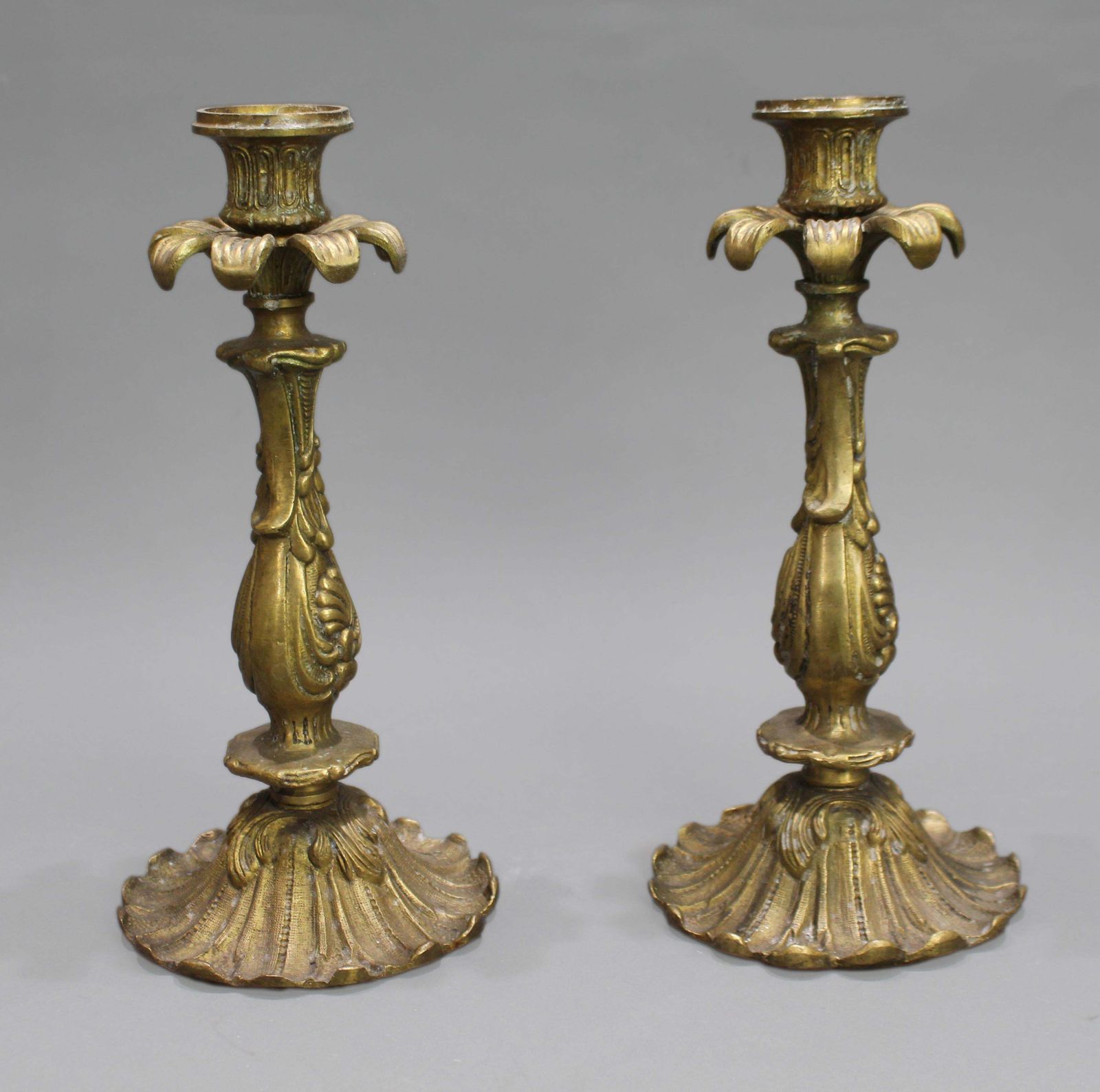 Pair Of French Rococo Revival Cast Brass Candlesticks, C.1890 photo vintage