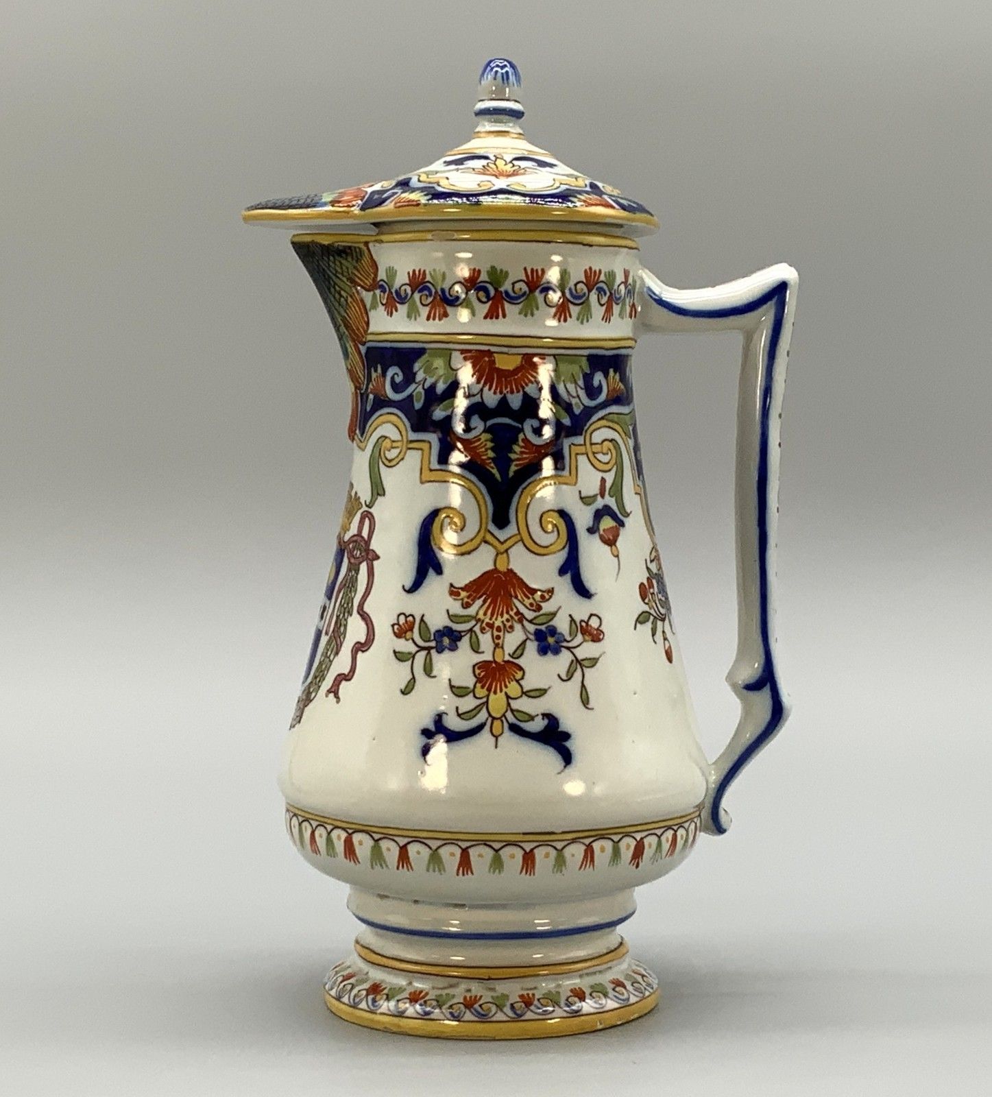 Pitcher Coffee Pot Faience French Cherbourg Polychrome Coat Of Arms Ceramic Jug photo for sale