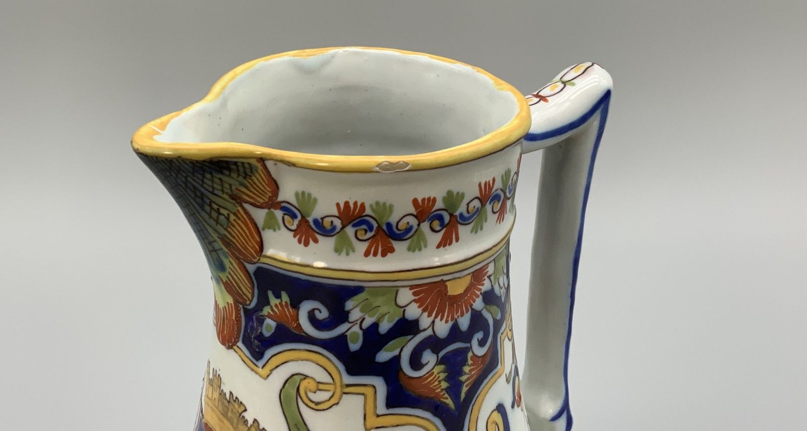 245.0 Pitcher Coffee Pot Faience French Cherbourg Polychrome Coat Of Arms Ceramic Jug photo