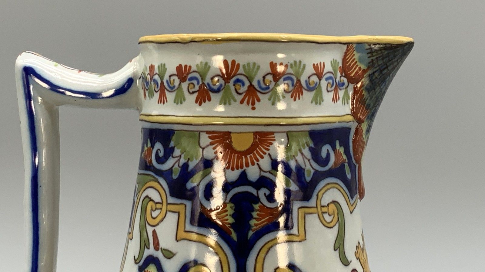photo vintage Pitcher Coffee Pot Faience French Cherbourg Polychrome Coat Of Arms Ceramic Jug