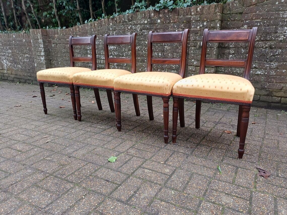 Victorian Solid Mahogany Dining Chairs Set Of Four Upholstered Seats Turned Legs Antique Vintage English Furniture