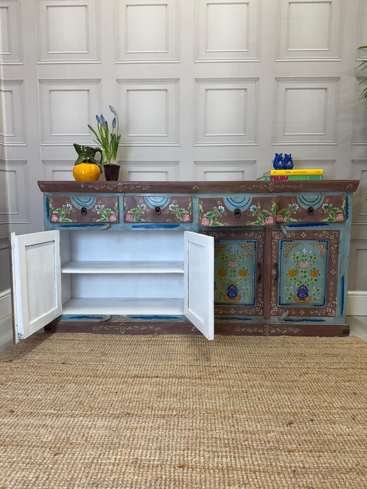 Vintage Hand Painted Mango Wood Sideboard – 4 Doors, 4 Drawers, Turquoise Finish photo furniture