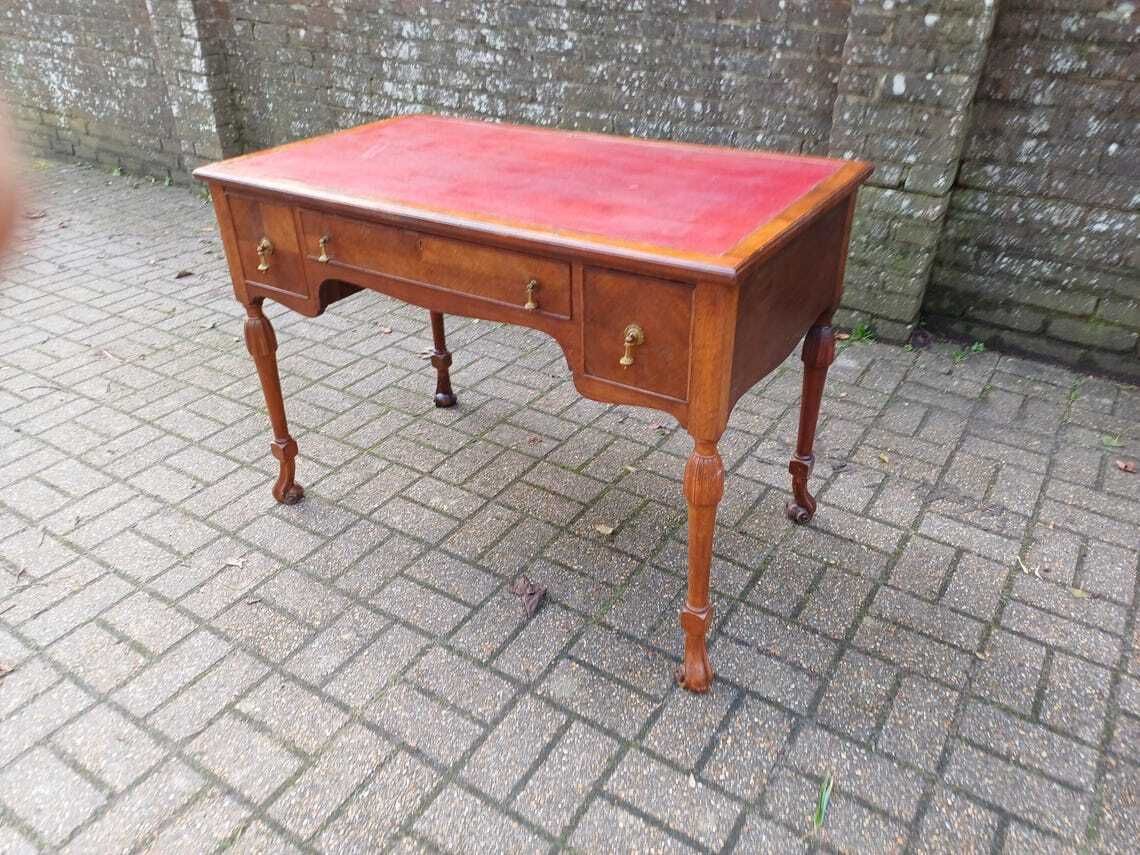 Early 20th Century Continental Mahogany Desk Table Three Drawers Brass Handles Veneered Fronts Quality Craftsmanship photo Furniture