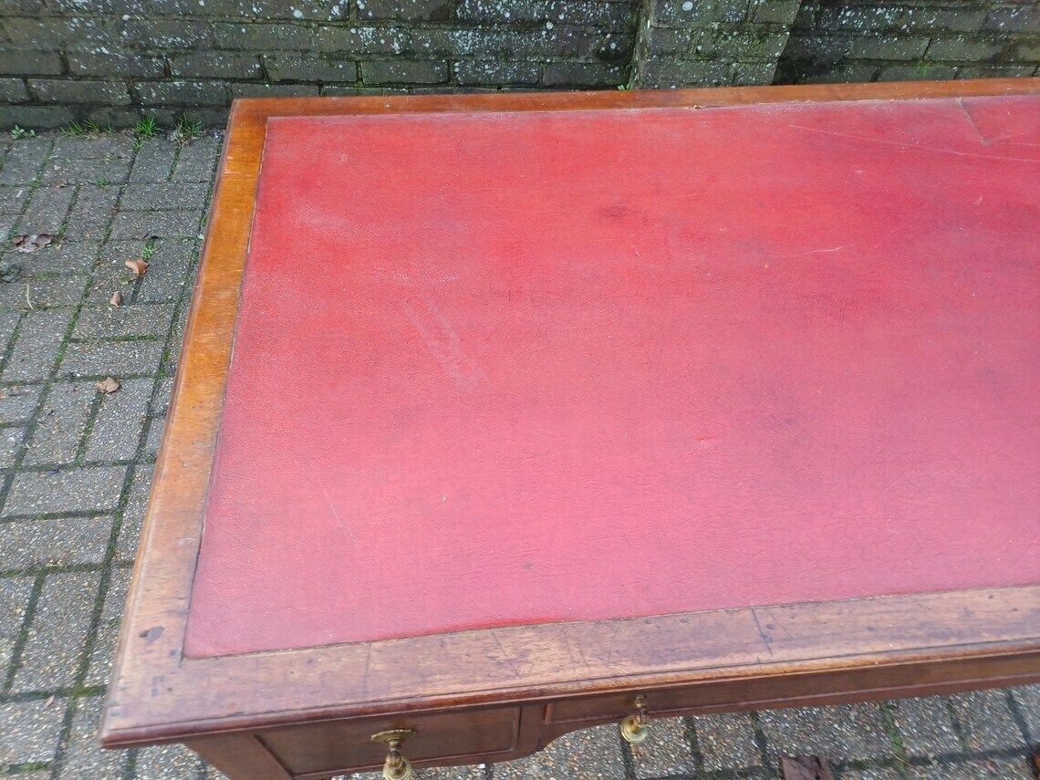 Early 20th Century Continental Mahogany Desk Table Three Drawers Brass Handles Veneered Fronts Quality Craftsmanship photo 595.0