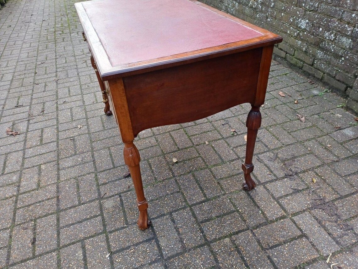 Early 20th Century Continental Mahogany Desk Table Three Drawers Brass Handles Veneered Fronts Quality Craftsmanship photo vinterior