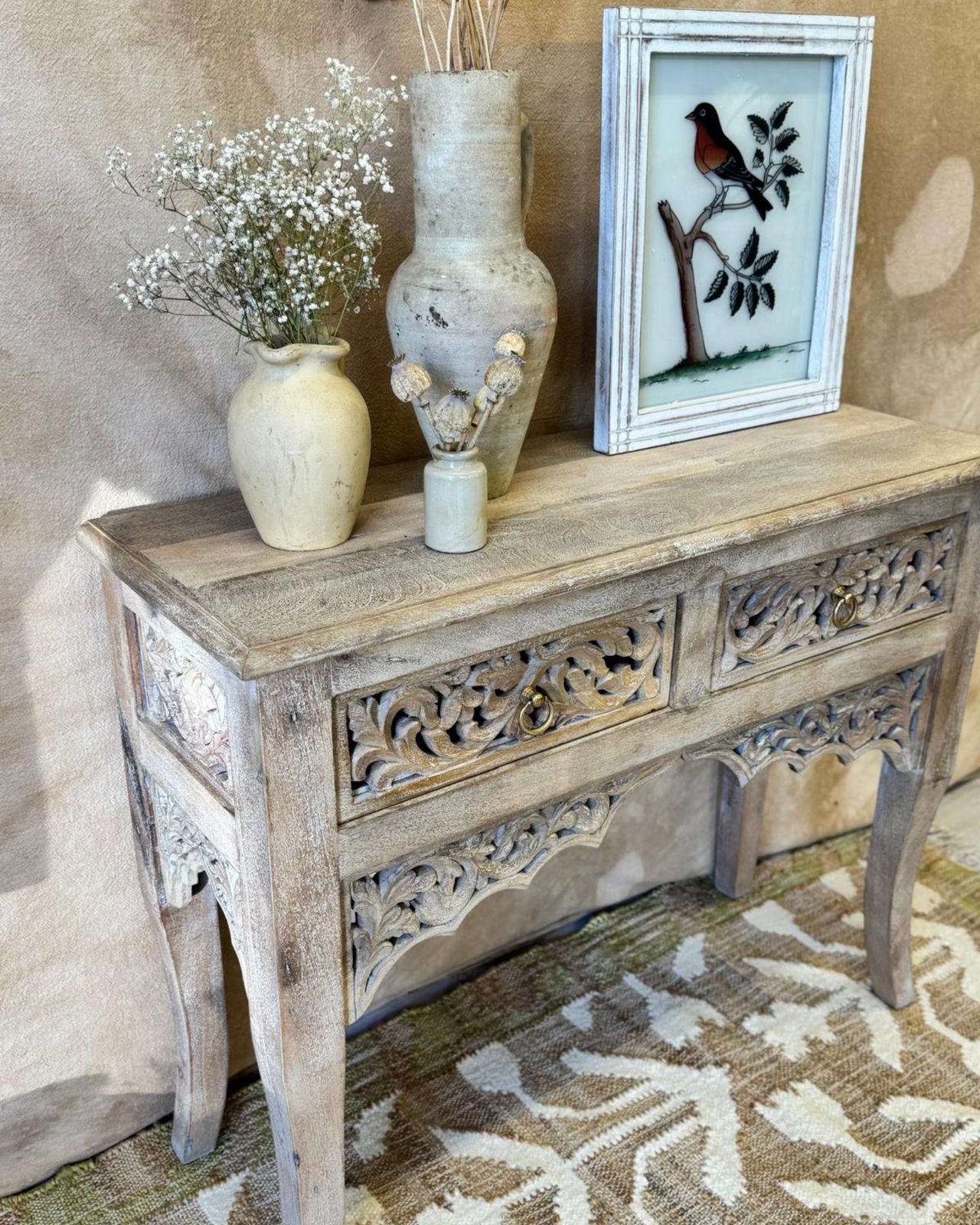 Hand Carved Mango Wood Console Table – Sandblasted Natural Finish With Two Drawers photo for sale
