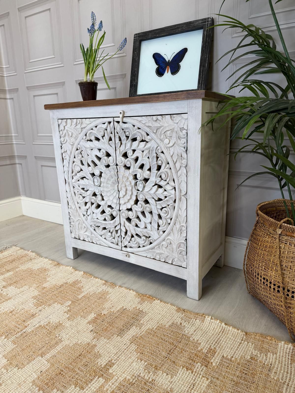 Hand Carved, Bleached Mango Wood Sideboard With Natural Top And Mandala Details. photo for sale
