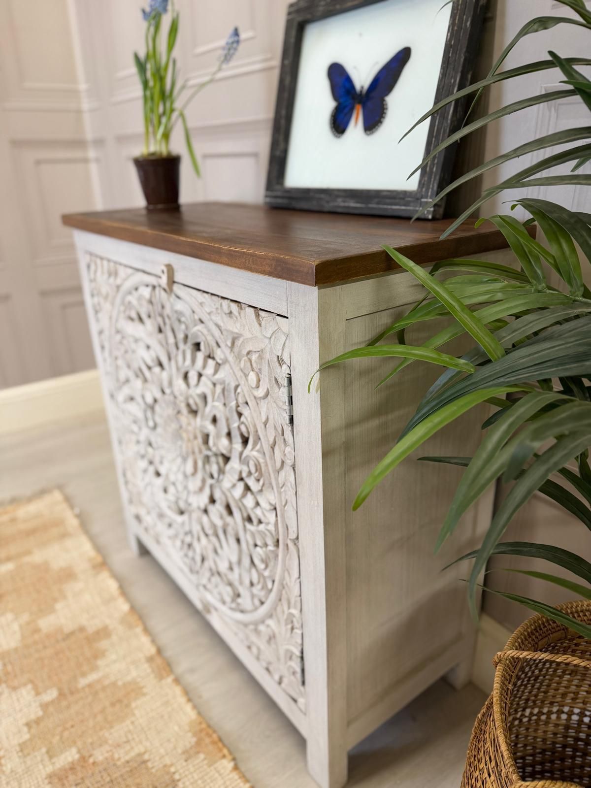 Hand Carved, Bleached Mango Wood Sideboard With Natural Top And Mandala Details. photo Furniture