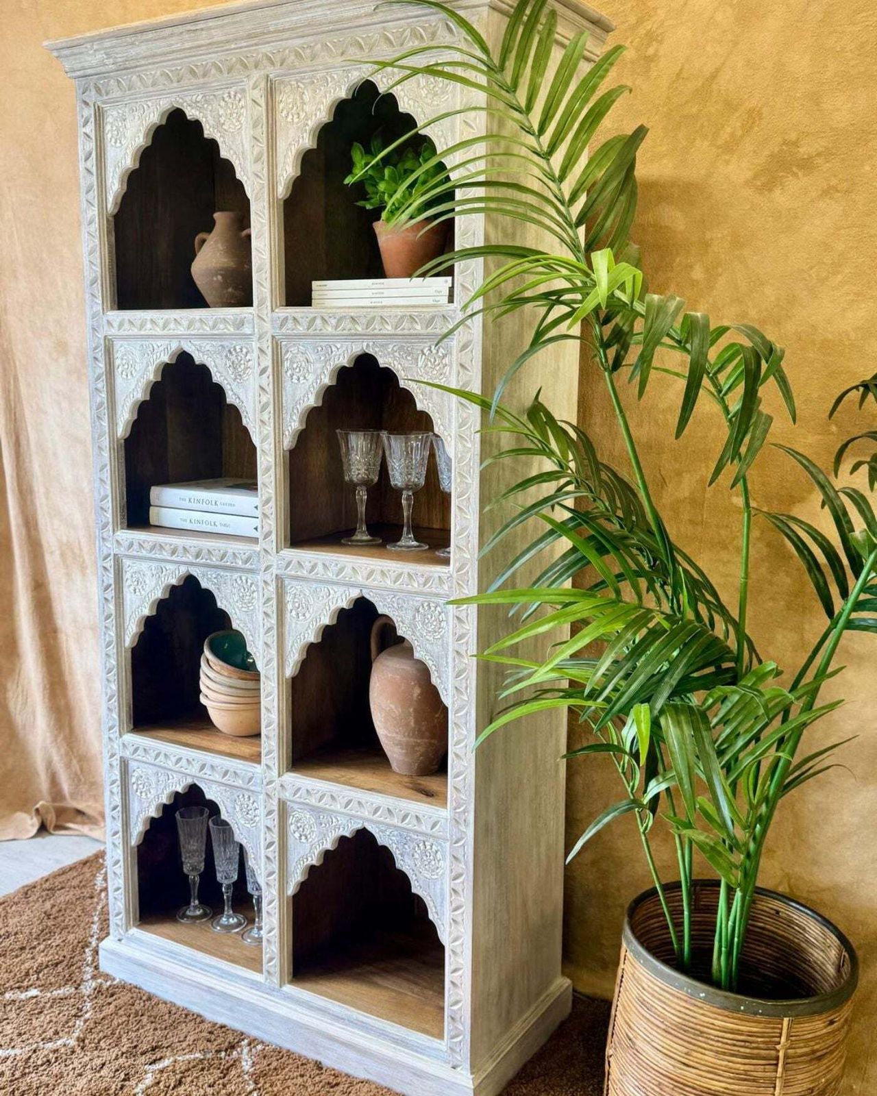 Hand Carved Mango Wood Bookcase With A Light Natural Cream Washed Finish And Arched Shelves photo furniture
